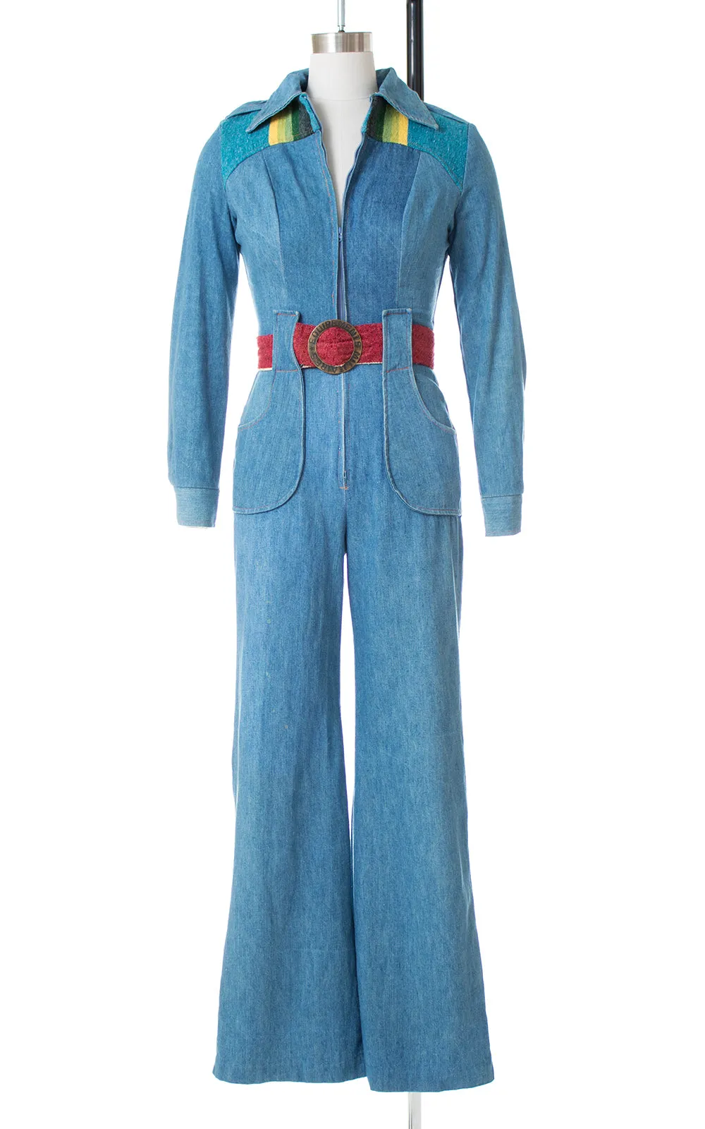 1970s Rainbow Wool & Denim Bell Bottom Jumpsuit | x-small / modern 0/2
