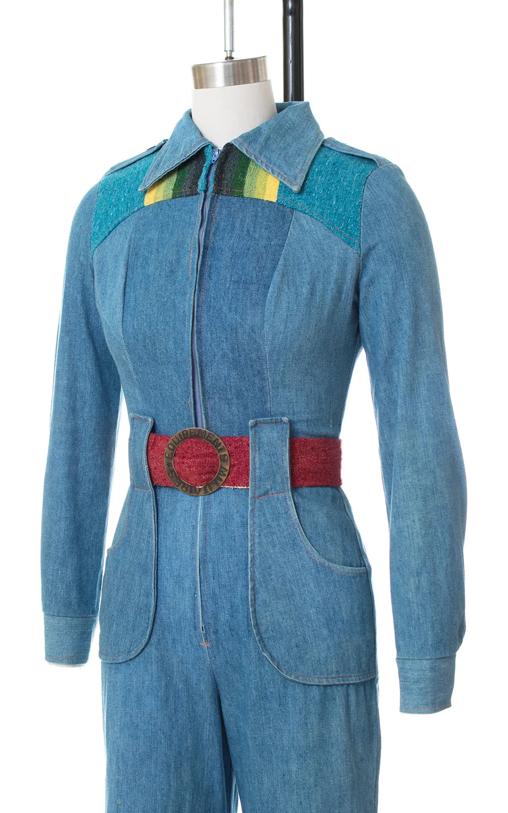 1970s Rainbow Wool & Denim Bell Bottom Jumpsuit | x-small / modern 0/2