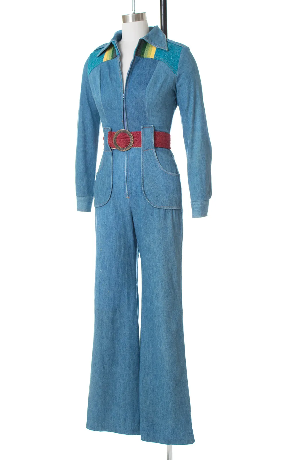 1970s Rainbow Wool & Denim Bell Bottom Jumpsuit | x-small / modern 0/2