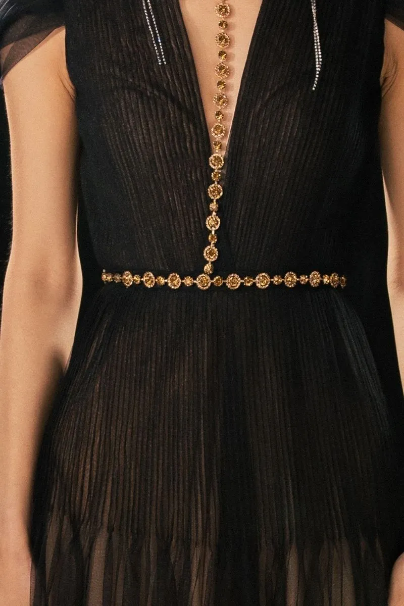 BLACK PLEATED PUFFY SLEEVED MESH MAXI DRESS