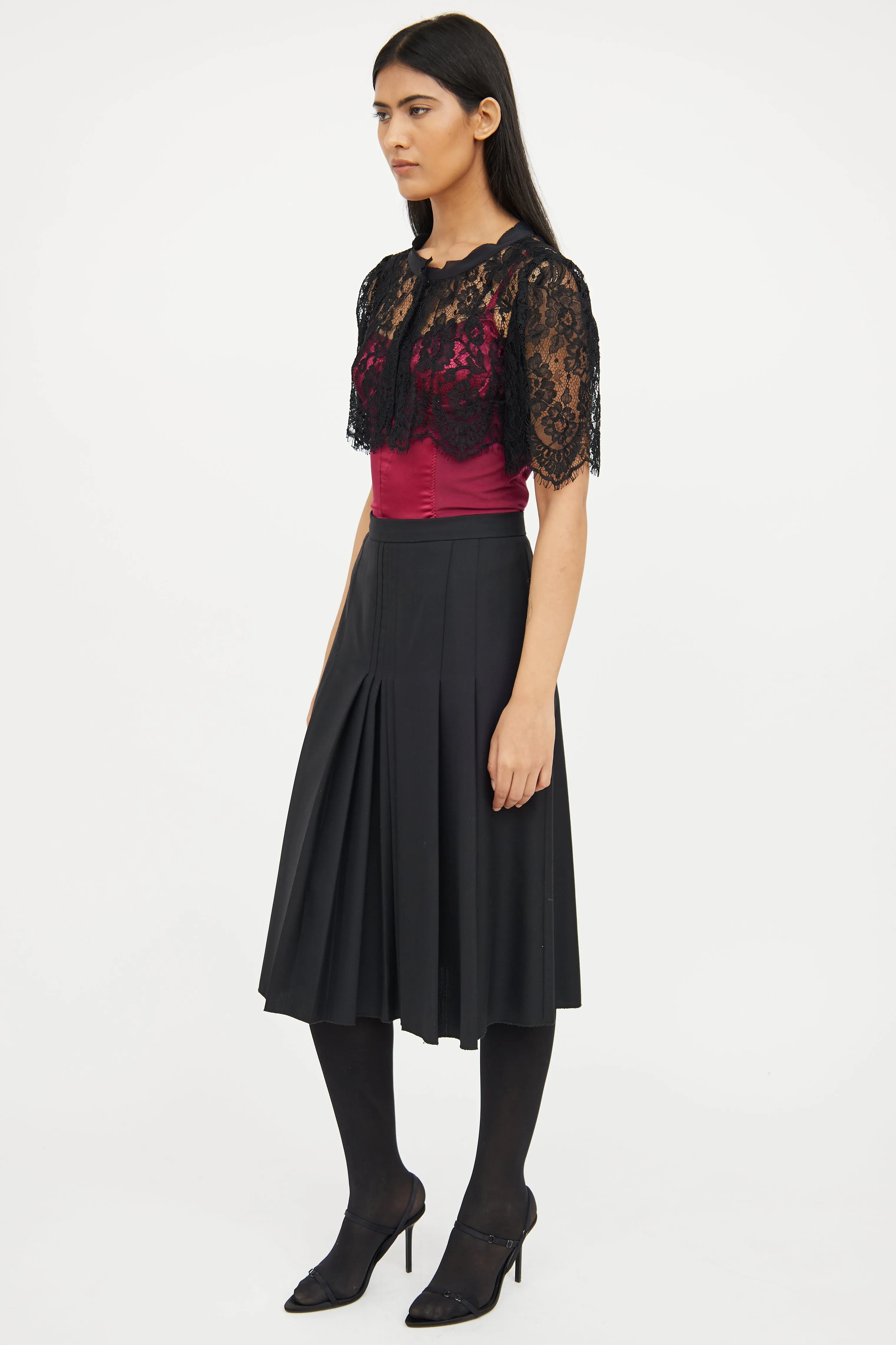 Black Pleated Wool Midi Skirt