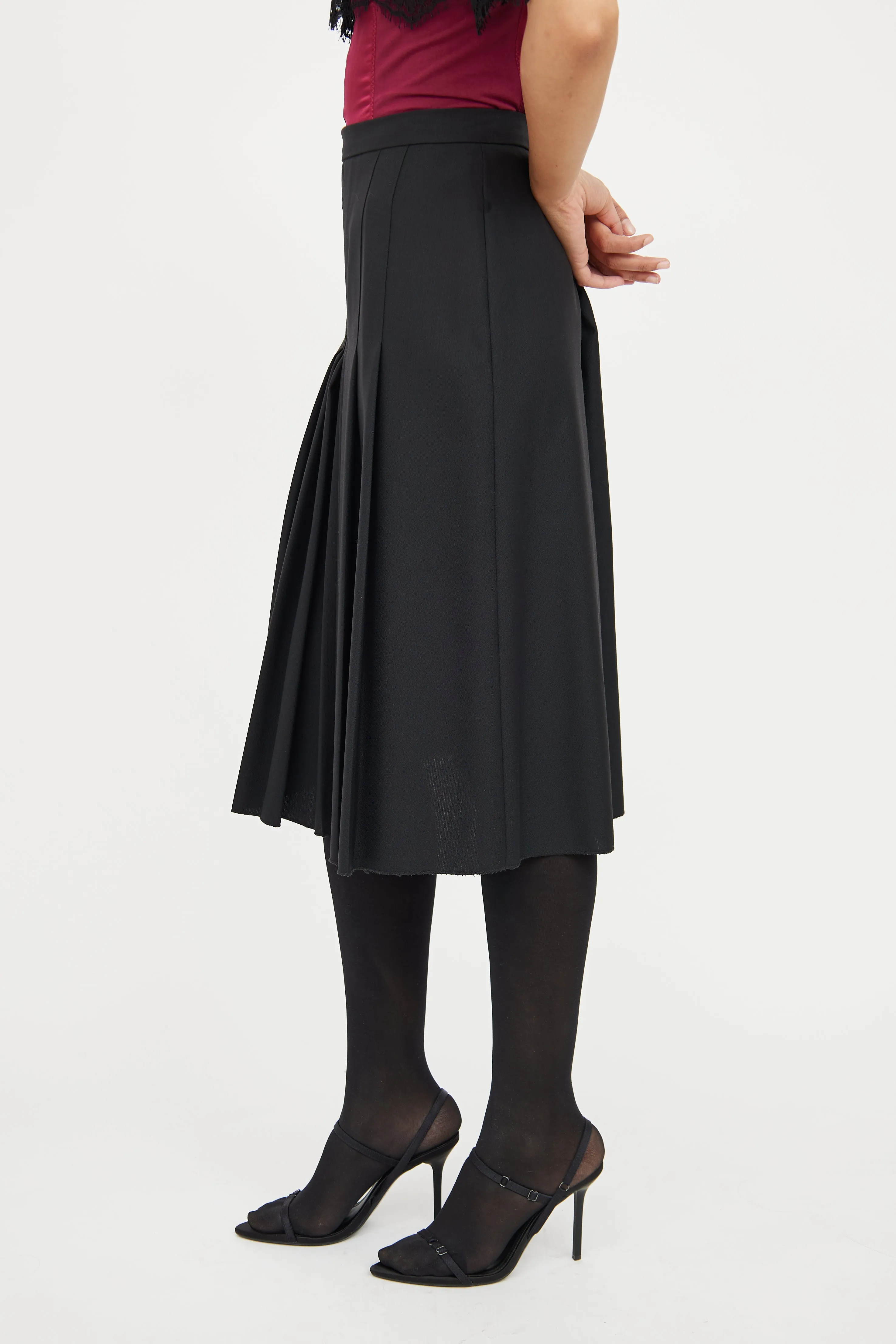 Black Pleated Wool Midi Skirt