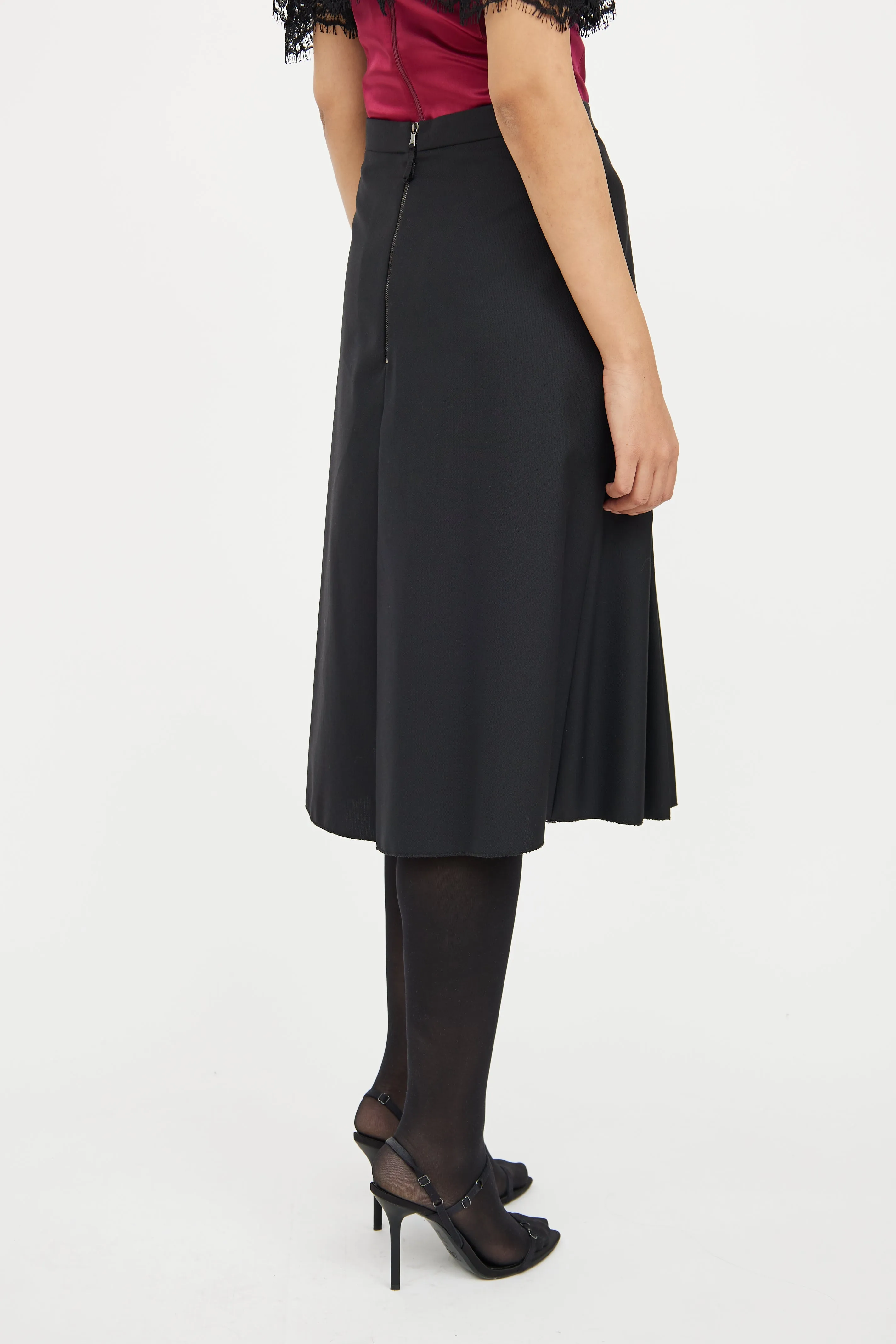 Black Pleated Wool Midi Skirt