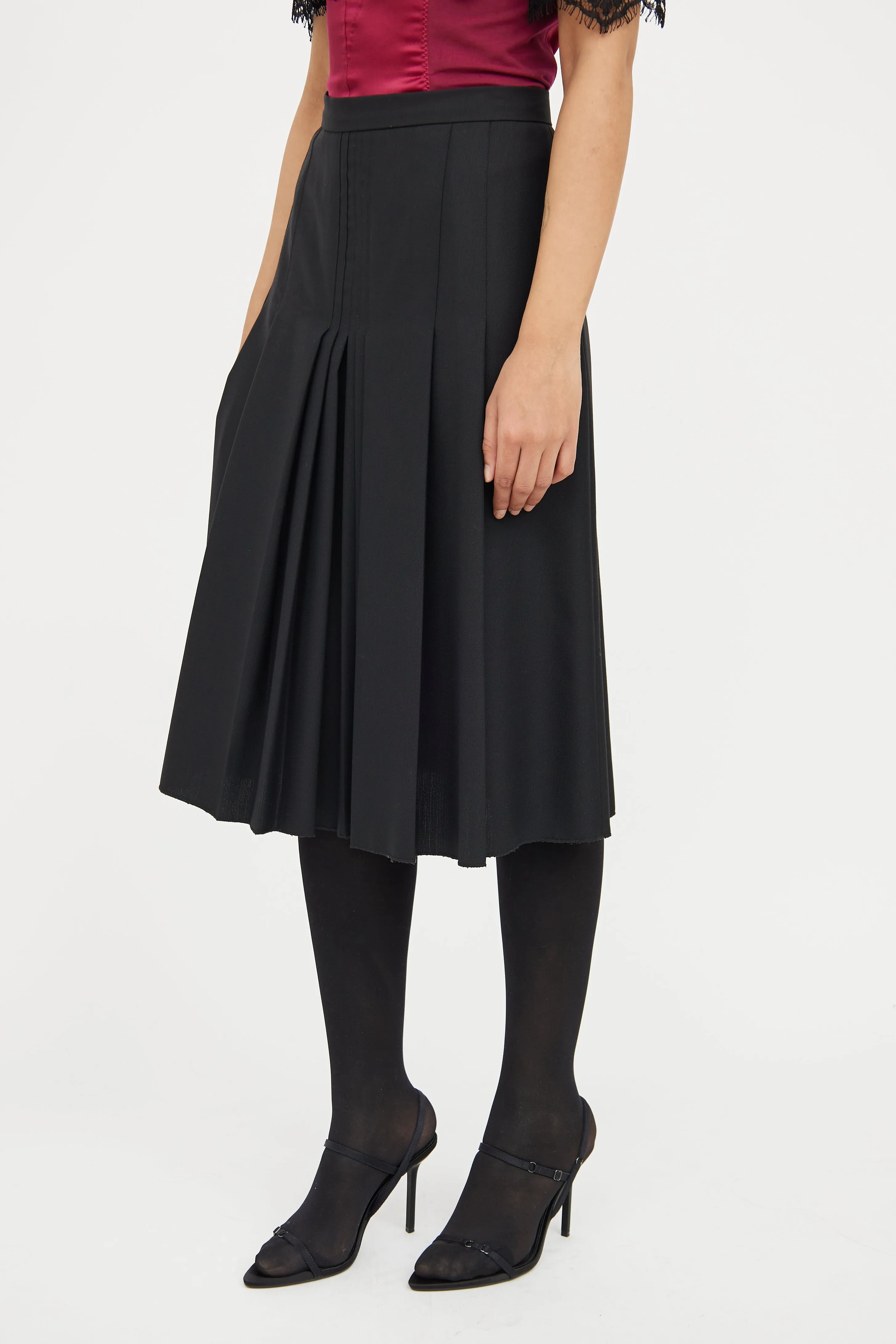 Black Pleated Wool Midi Skirt