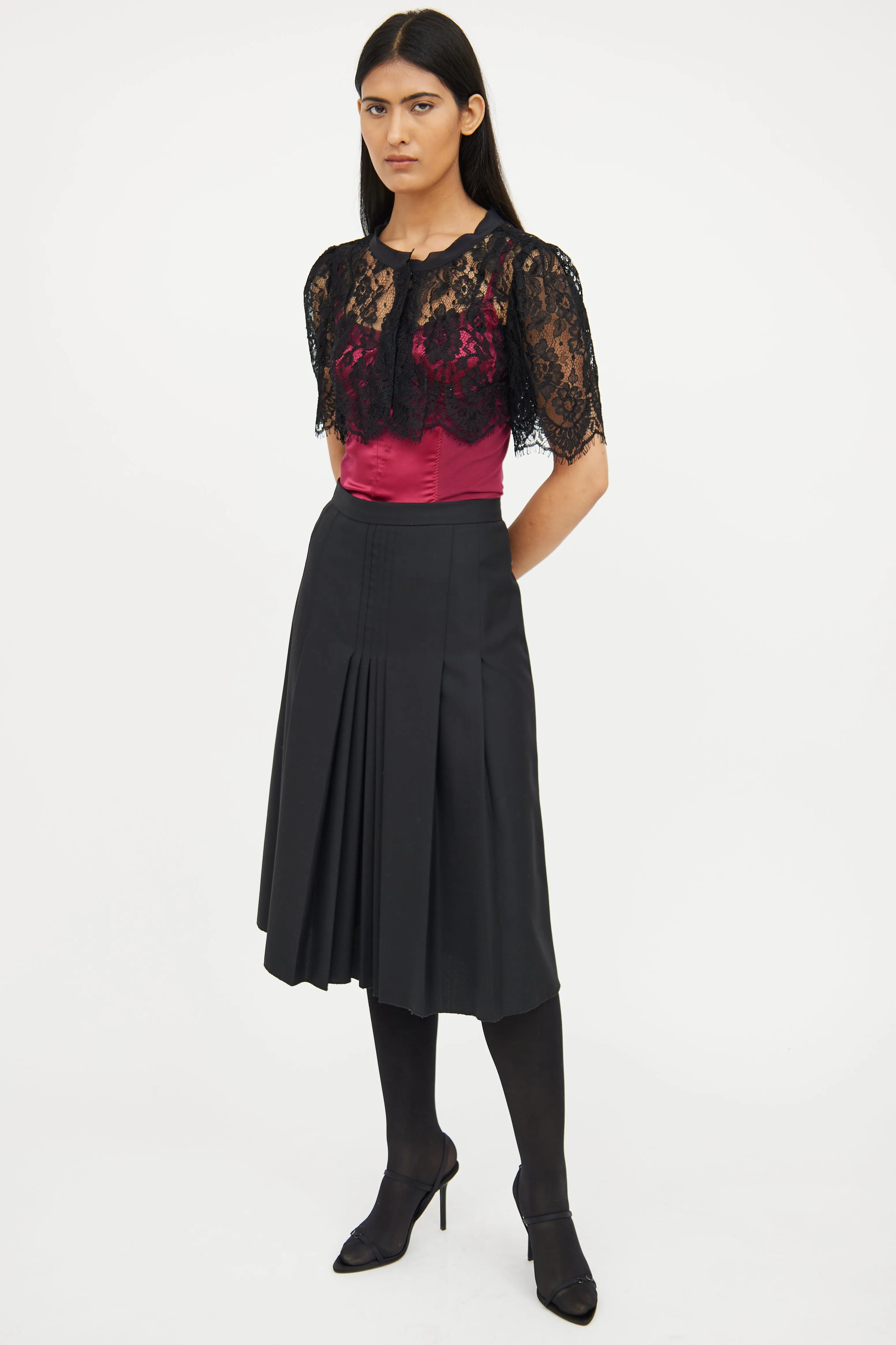Black Pleated Wool Midi Skirt