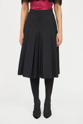 Black Pleated Wool Midi Skirt