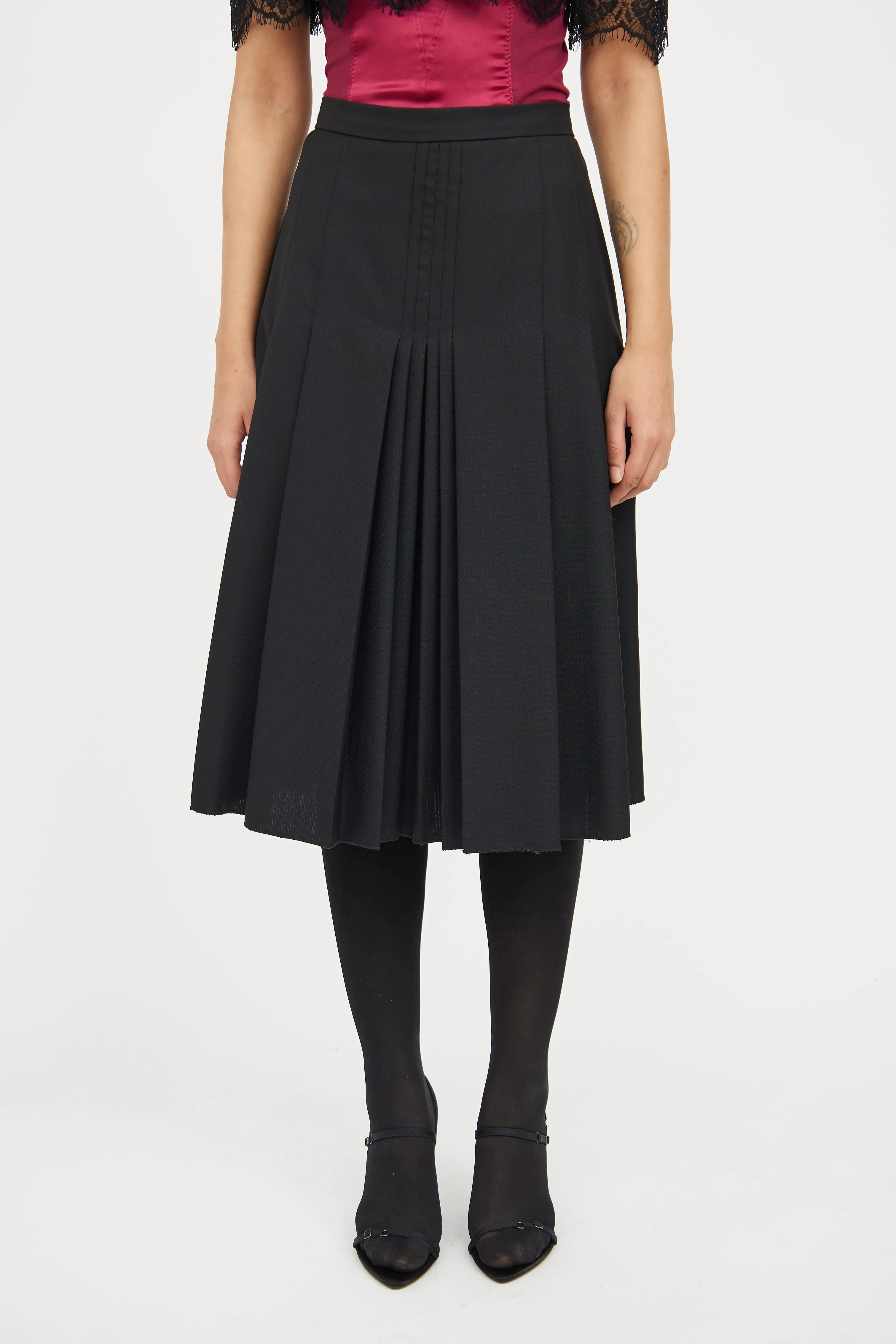 Black Pleated Wool Midi Skirt