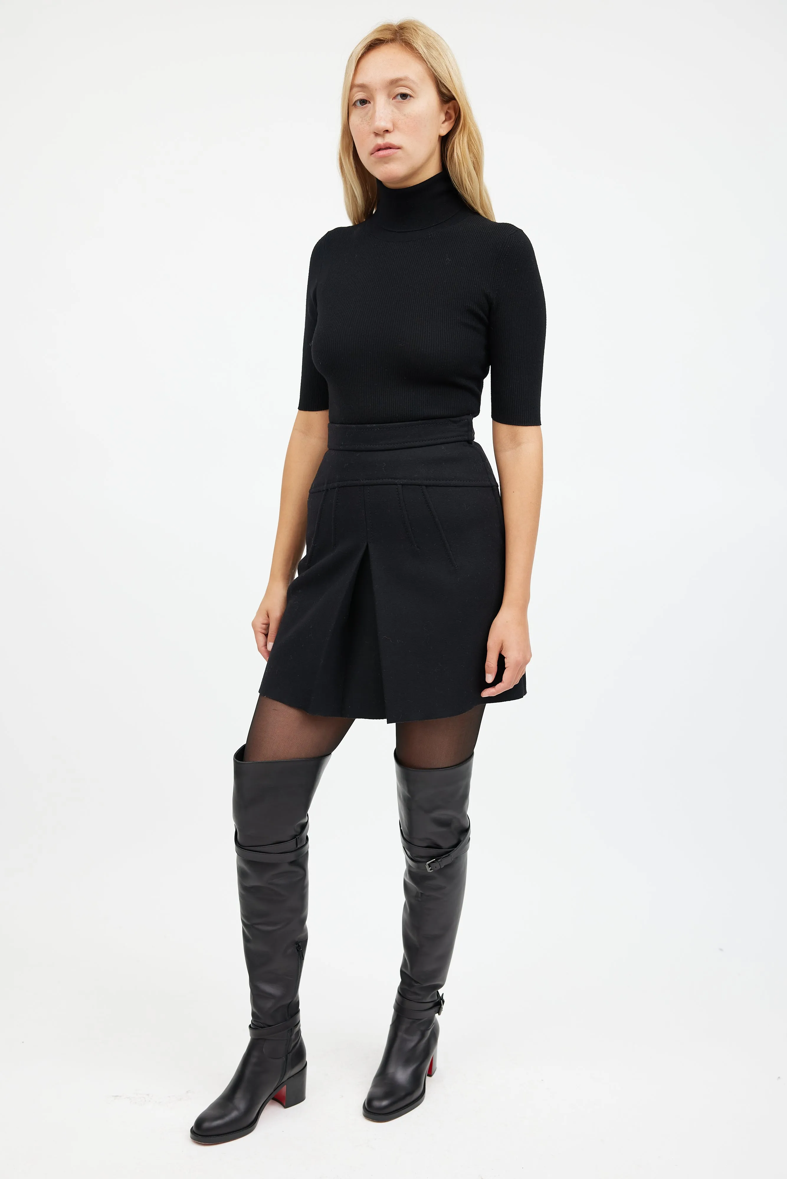 Black Pleated Wool Mini Skirt