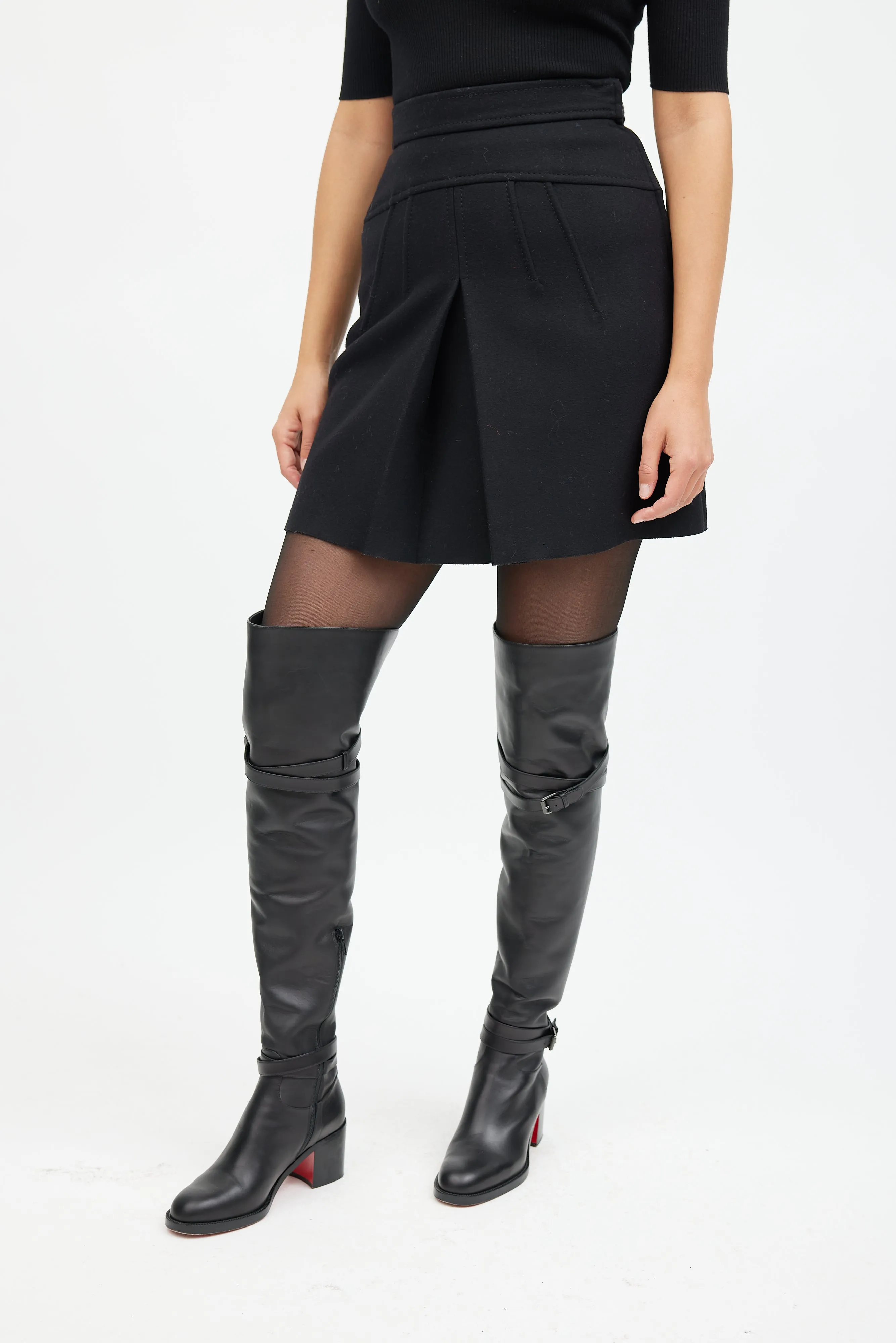 Black Pleated Wool Mini Skirt