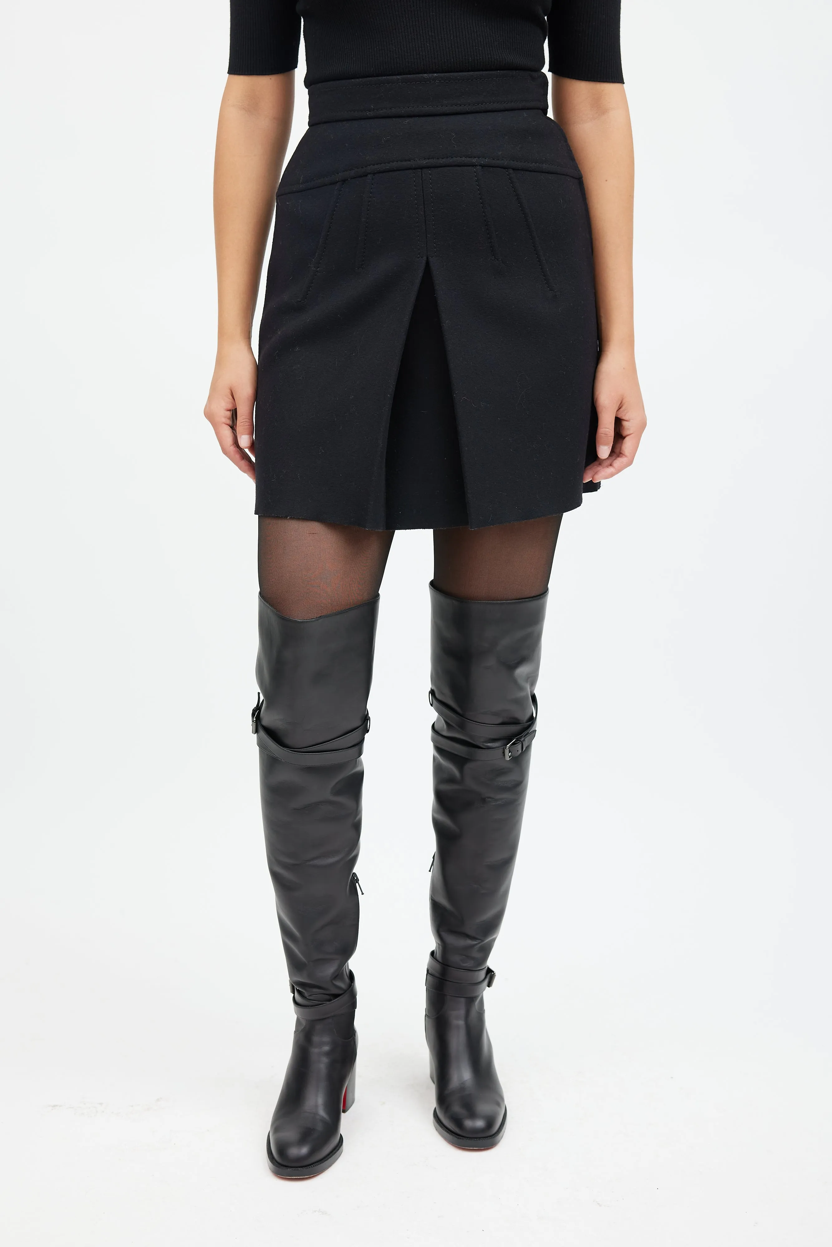 Black Pleated Wool Mini Skirt