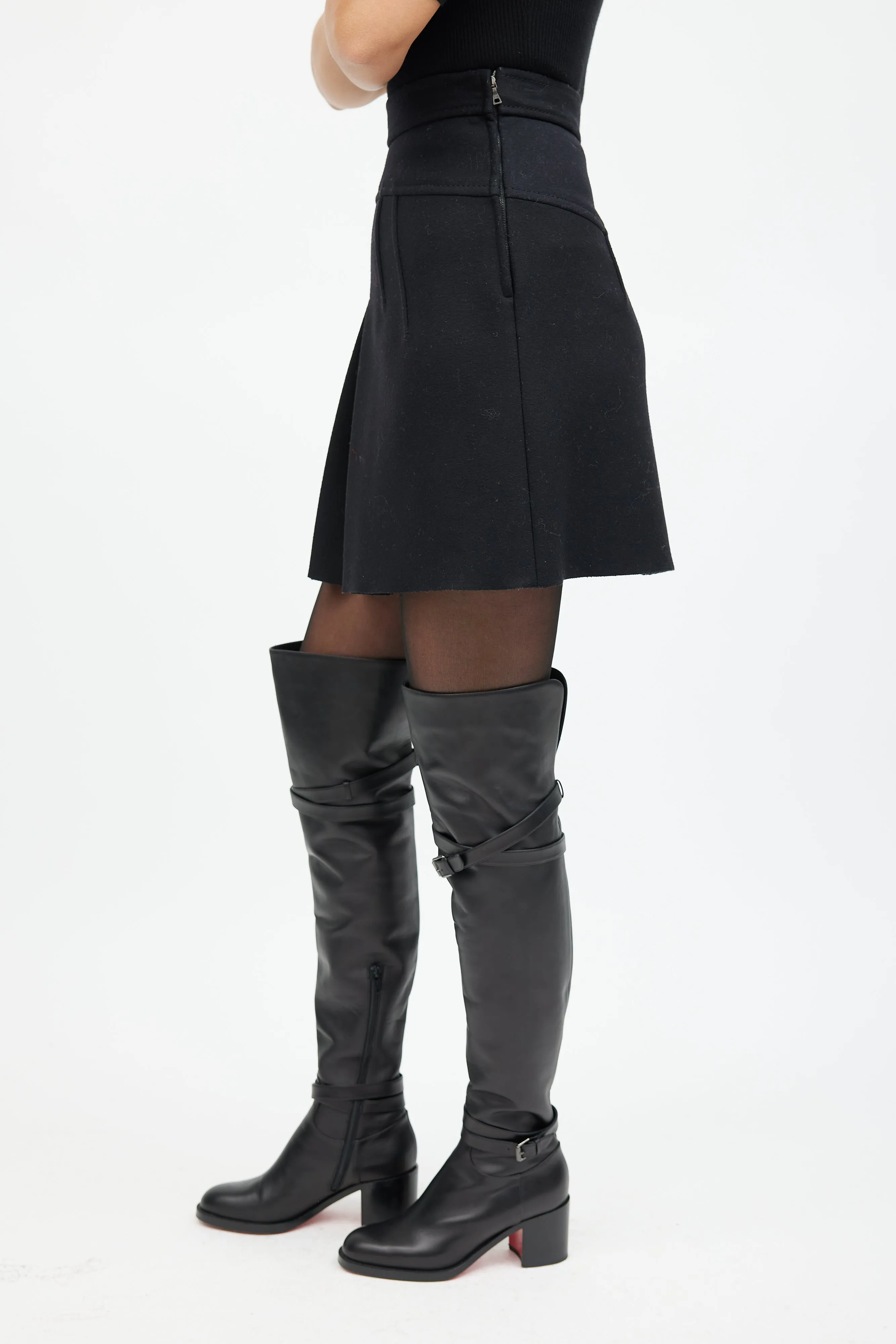 Black Pleated Wool Mini Skirt