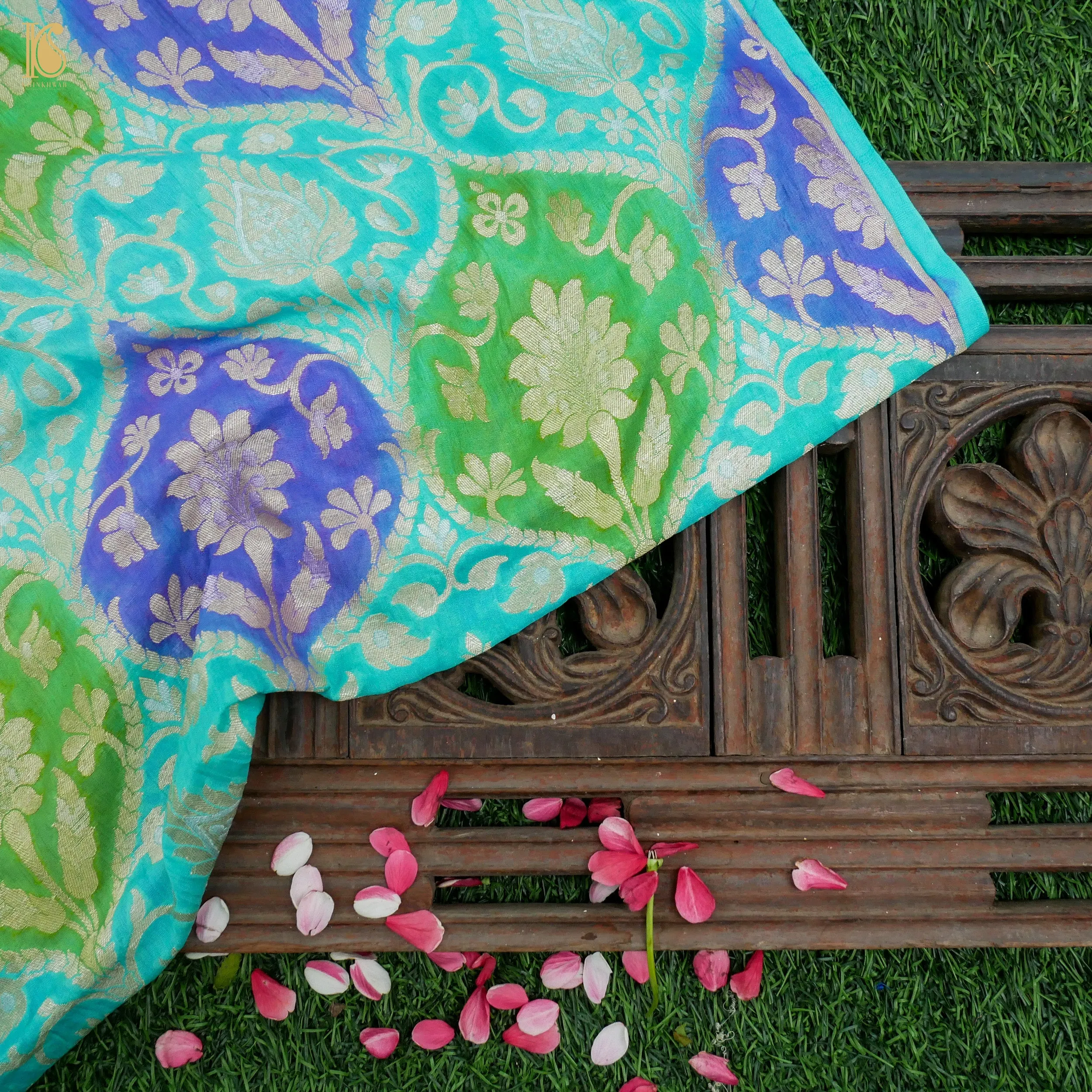 Blue Pure Georgette Banarasi Fabric with Hand Brush