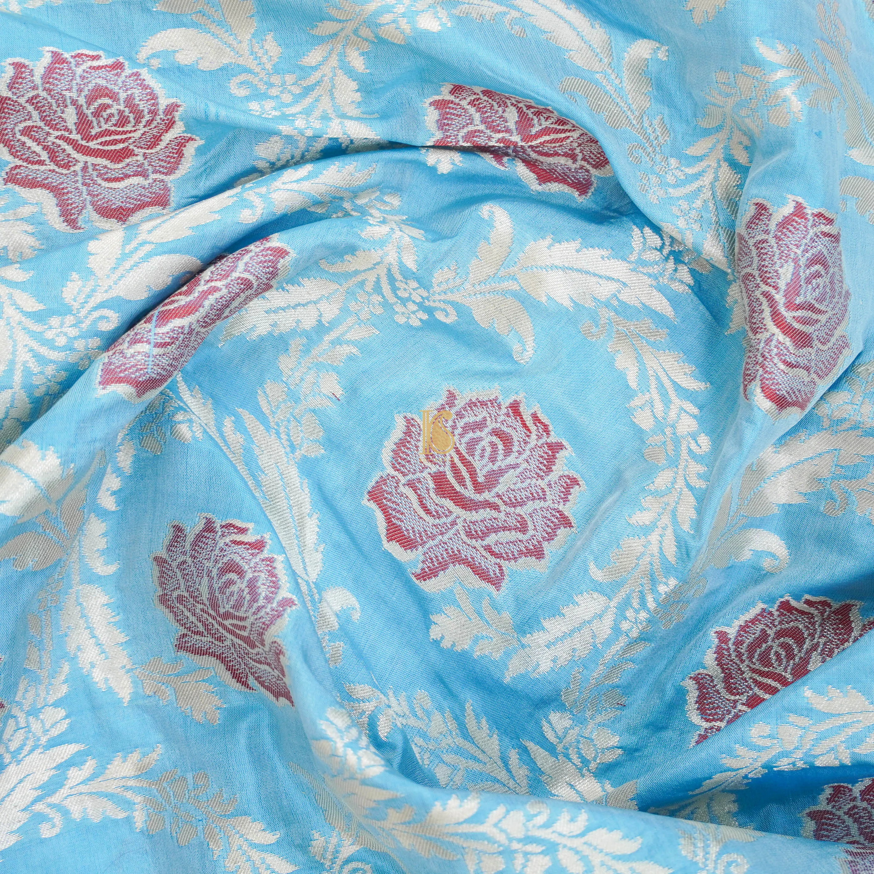 Blue Pure Katan Silk Handwoven Banarasi Fabric