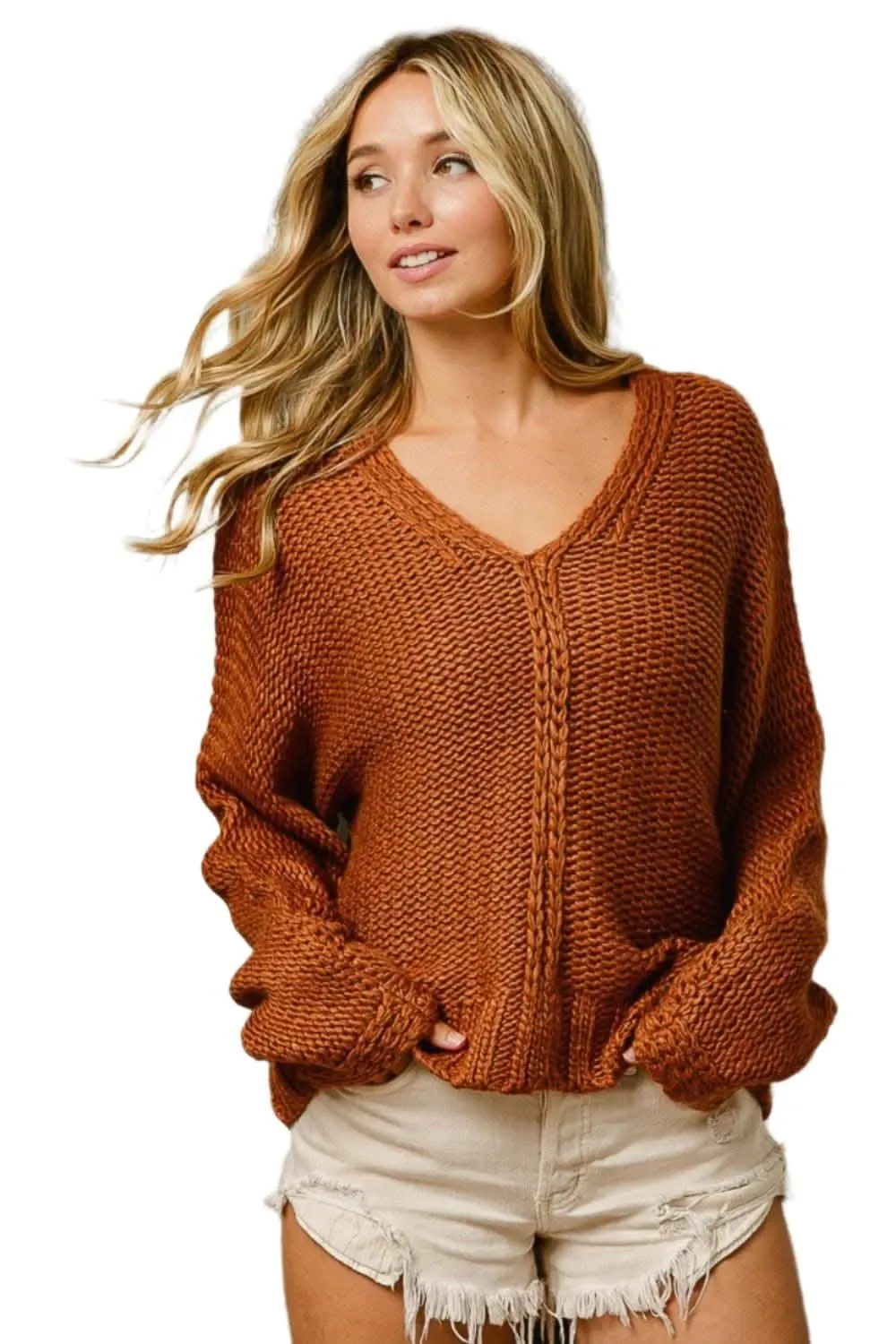 Chic v-neck cable knit sweater for winter elegance