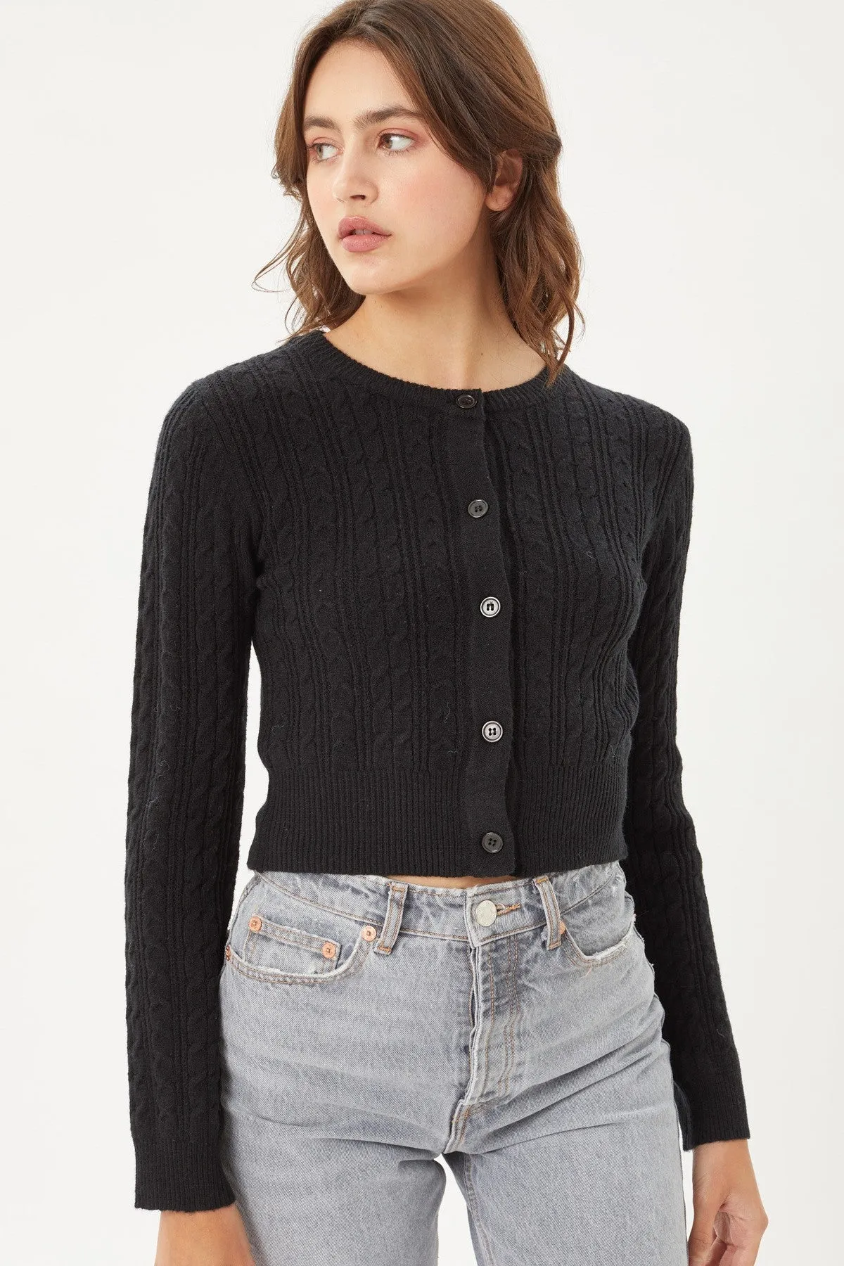 Classic Button-Up Long Sleeve Cable Knit Top Sweater Cardigan