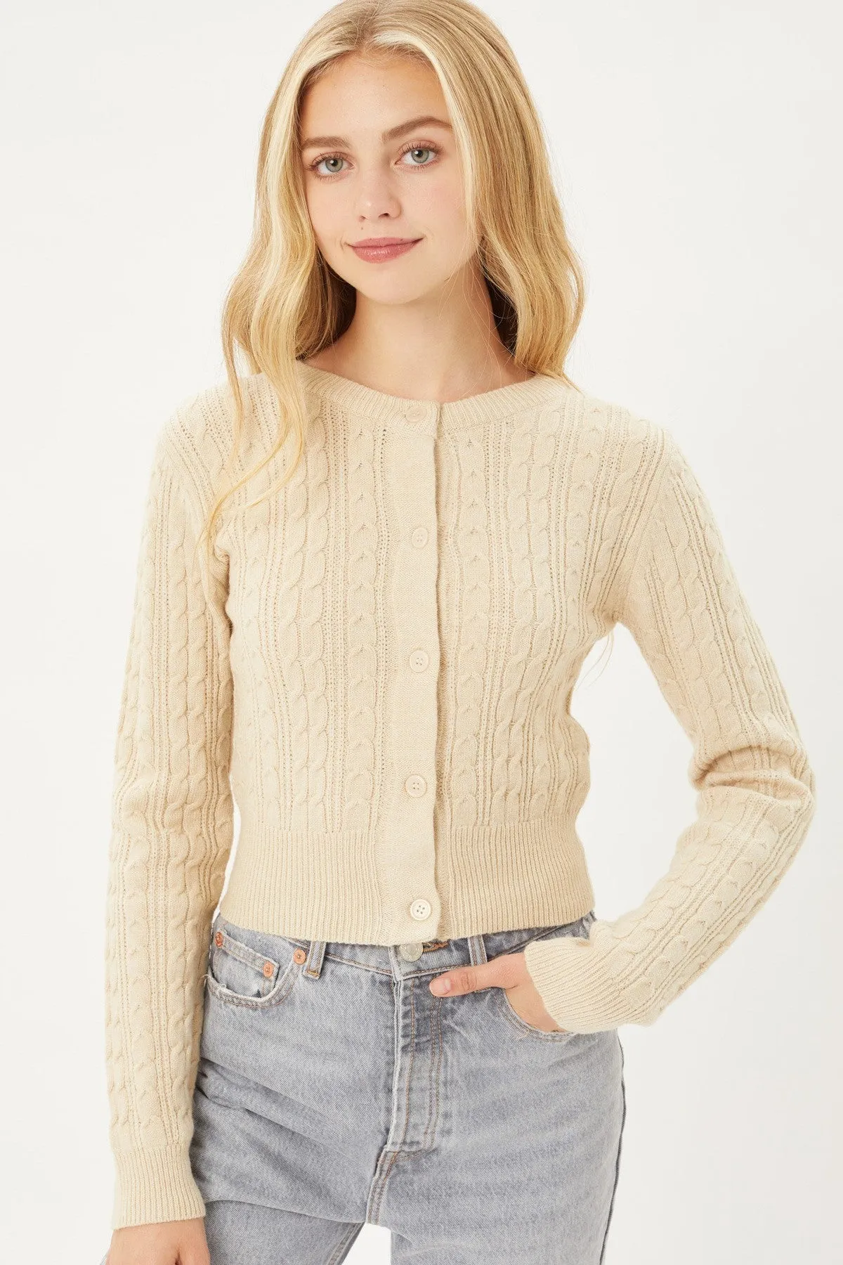 Classic Button-Up Long Sleeve Cable Knit Top Sweater Cardigan