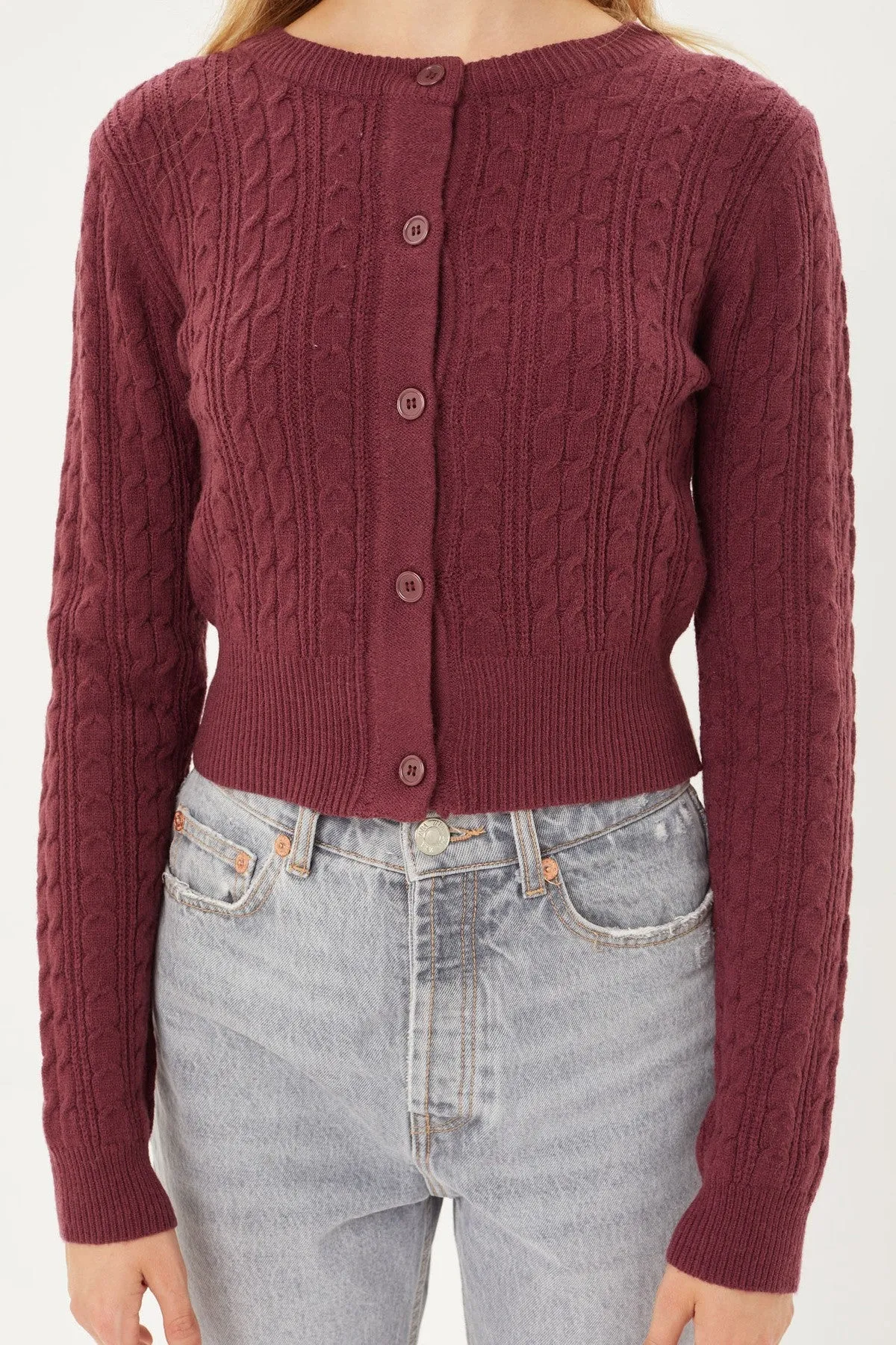 Classic Button-Up Long Sleeve Cable Knit Top Sweater Cardigan