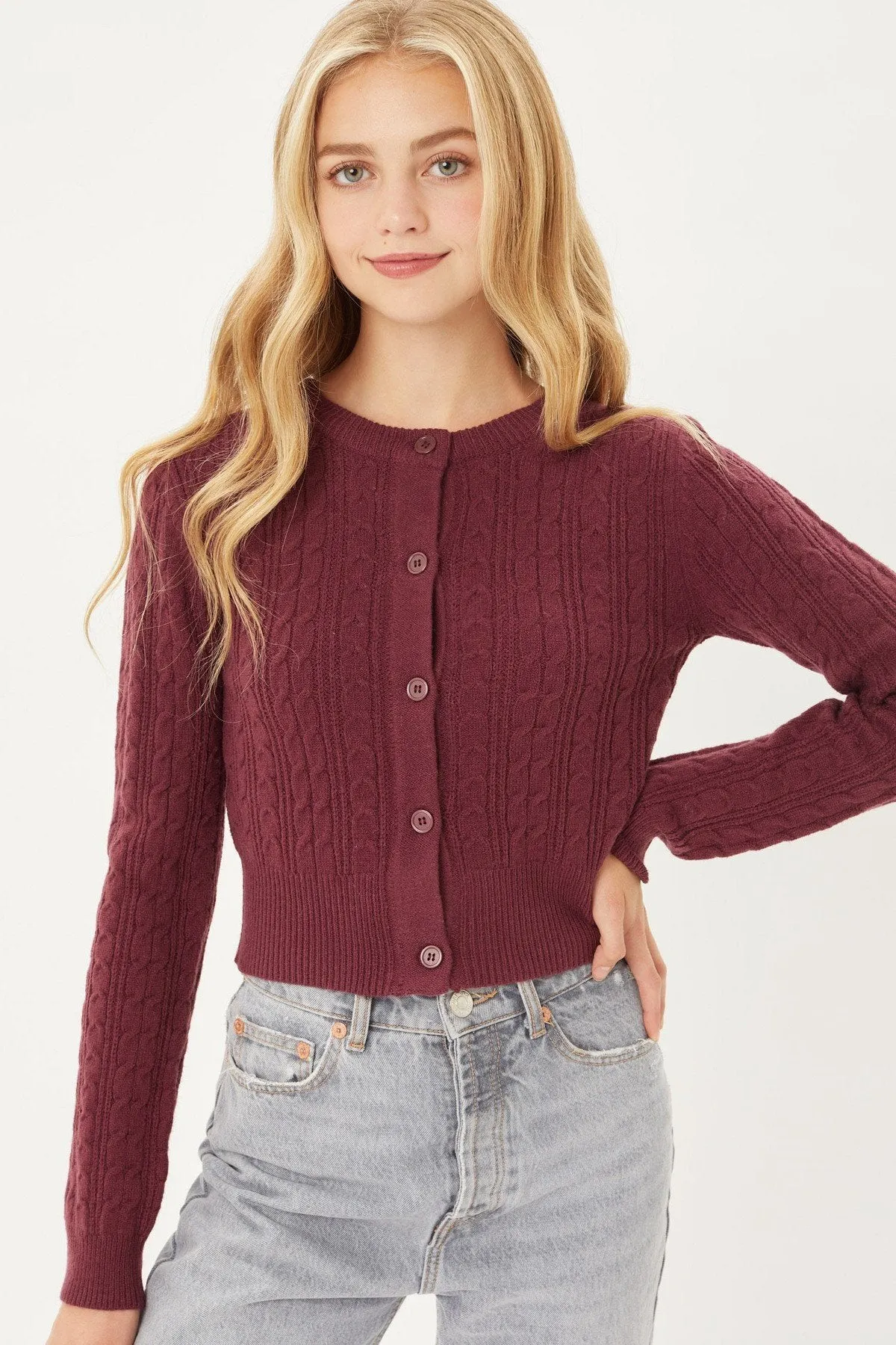 Classic Button-Up Long Sleeve Cable Knit Top Sweater Cardigan