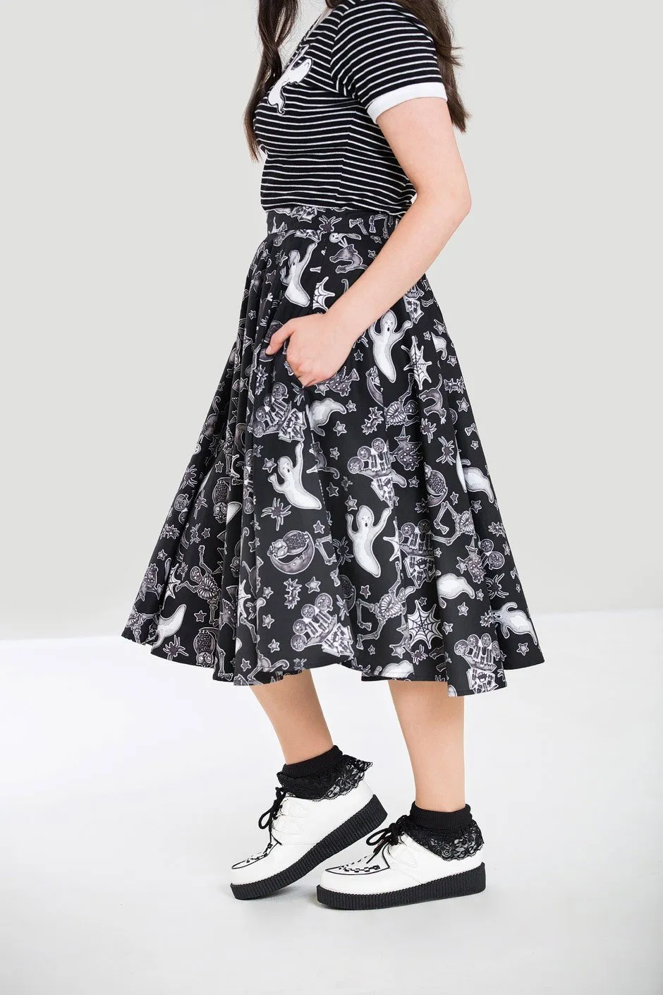 Hell Bunny Spooky Halloween Pocket skirt - Halloween Spirit Ghost Spooky House Witch Print Swing Skirt