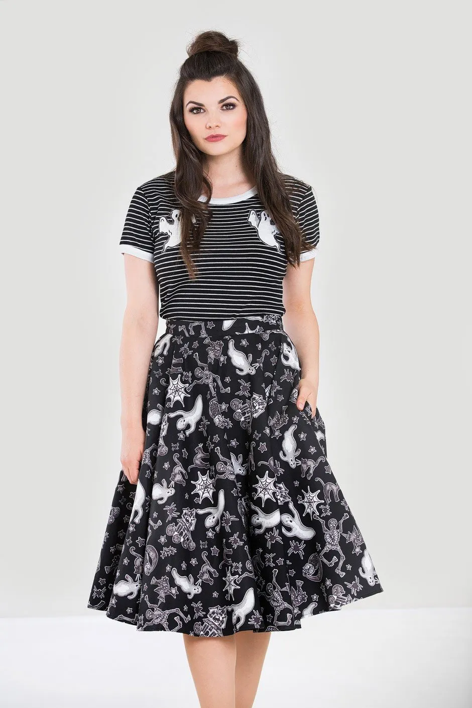 Hell Bunny Spooky Halloween Pocket skirt - Halloween Spirit Ghost Spooky House Witch Print Swing Skirt