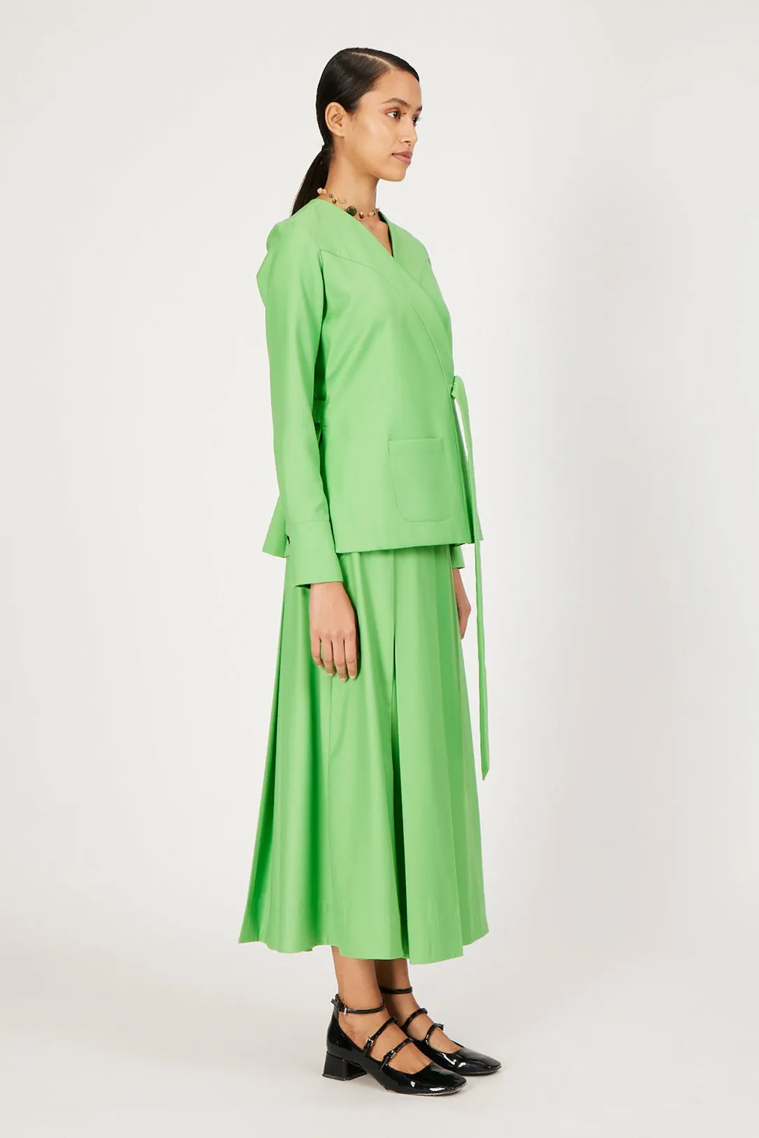 kelly green hand-pleated midi skirt