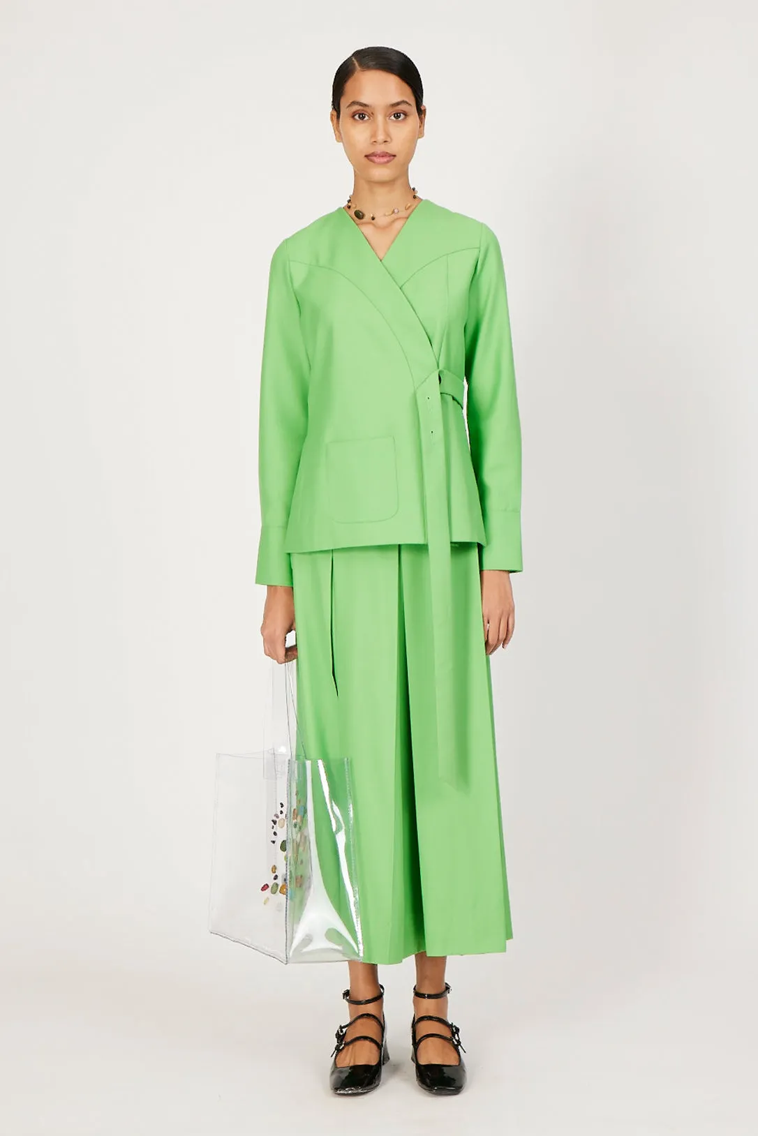 kelly green hand-pleated midi skirt