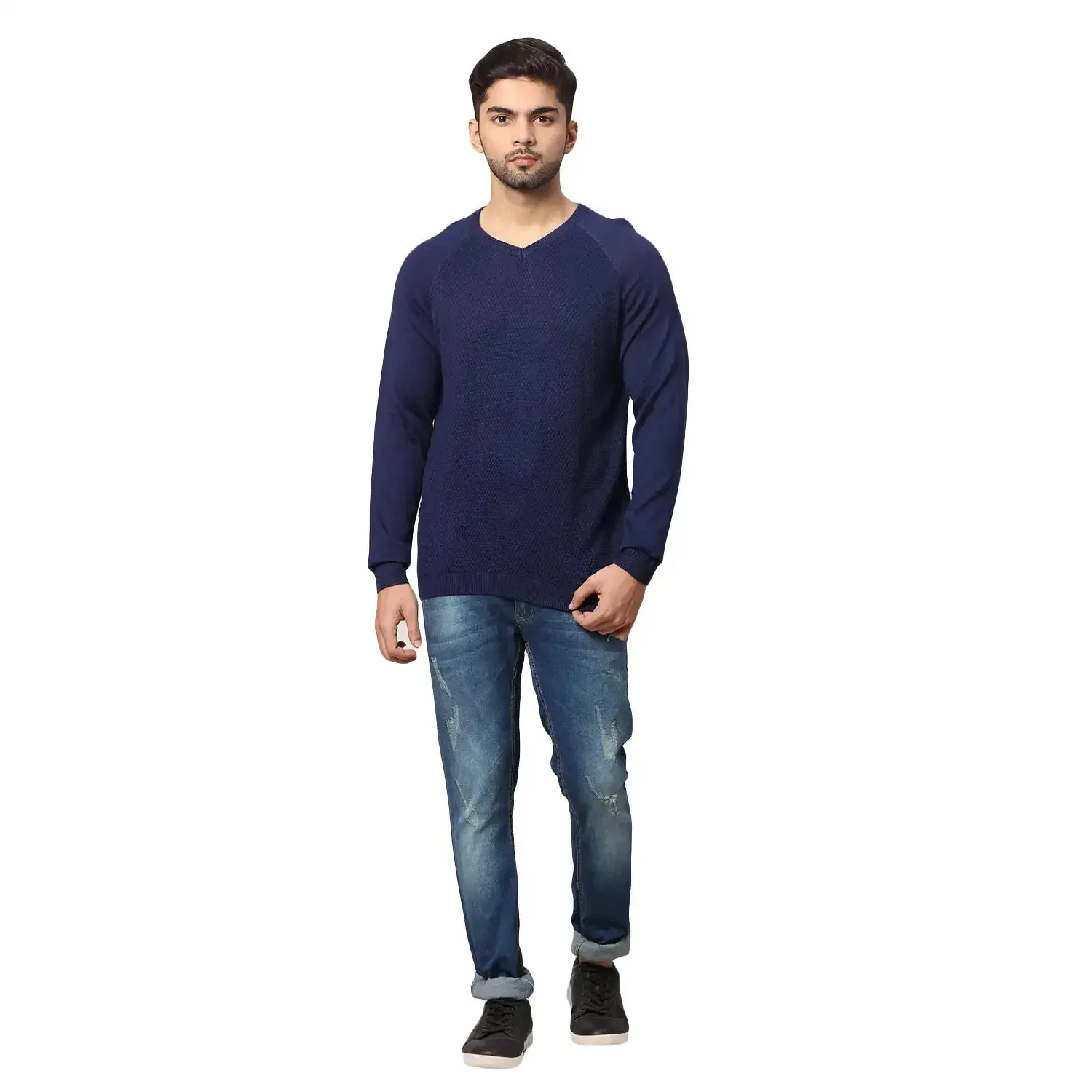 Men Blue Regular Fit Solid Acrylic Blend Full Sleeve V Neck Collar Sweaters