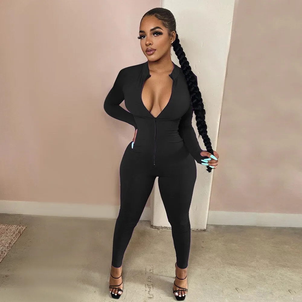 New Workout Active Wear Solid Color Rompers Womens Jumpsuit Sporty Long Sleeve Fitness Clubwear Zipper Party Jumpsuits Bodycon