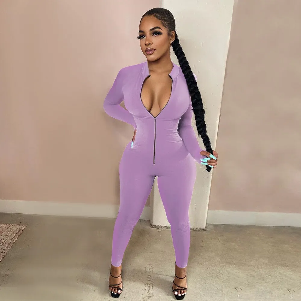 New Workout Active Wear Solid Color Rompers Womens Jumpsuit Sporty Long Sleeve Fitness Clubwear Zipper Party Jumpsuits Bodycon