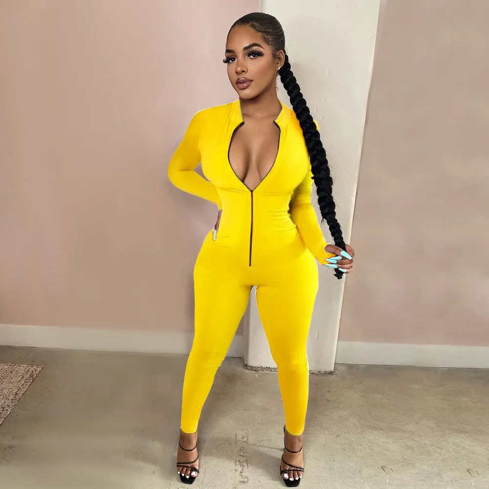 New Workout Active Wear Solid Color Rompers Womens Jumpsuit Sporty Long Sleeve Fitness Clubwear Zipper Party Jumpsuits Bodycon