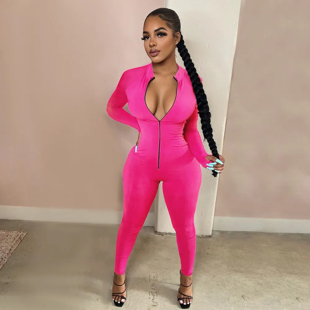 New Workout Active Wear Solid Color Rompers Womens Jumpsuit Sporty Long Sleeve Fitness Clubwear Zipper Party Jumpsuits Bodycon