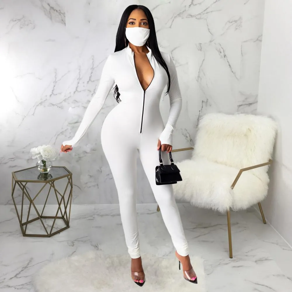 New Workout Active Wear Solid Color Rompers Womens Jumpsuit Sporty Long Sleeve Fitness Clubwear Zipper Party Jumpsuits Bodycon