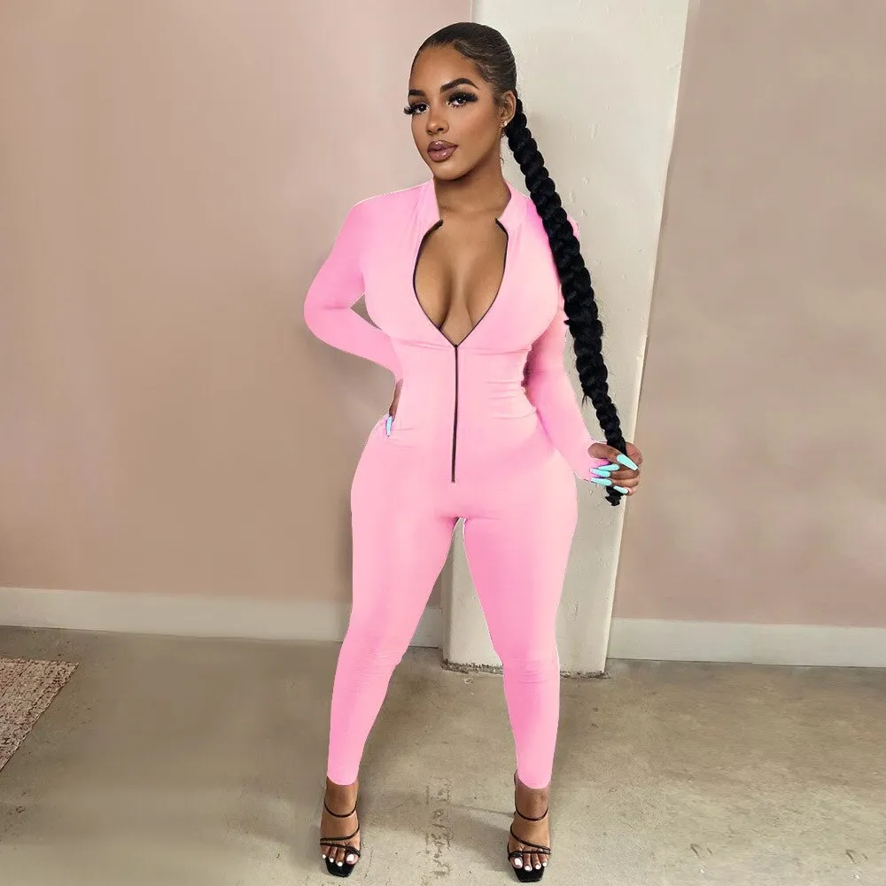 New Workout Active Wear Solid Color Rompers Womens Jumpsuit Sporty Long Sleeve Fitness Clubwear Zipper Party Jumpsuits Bodycon