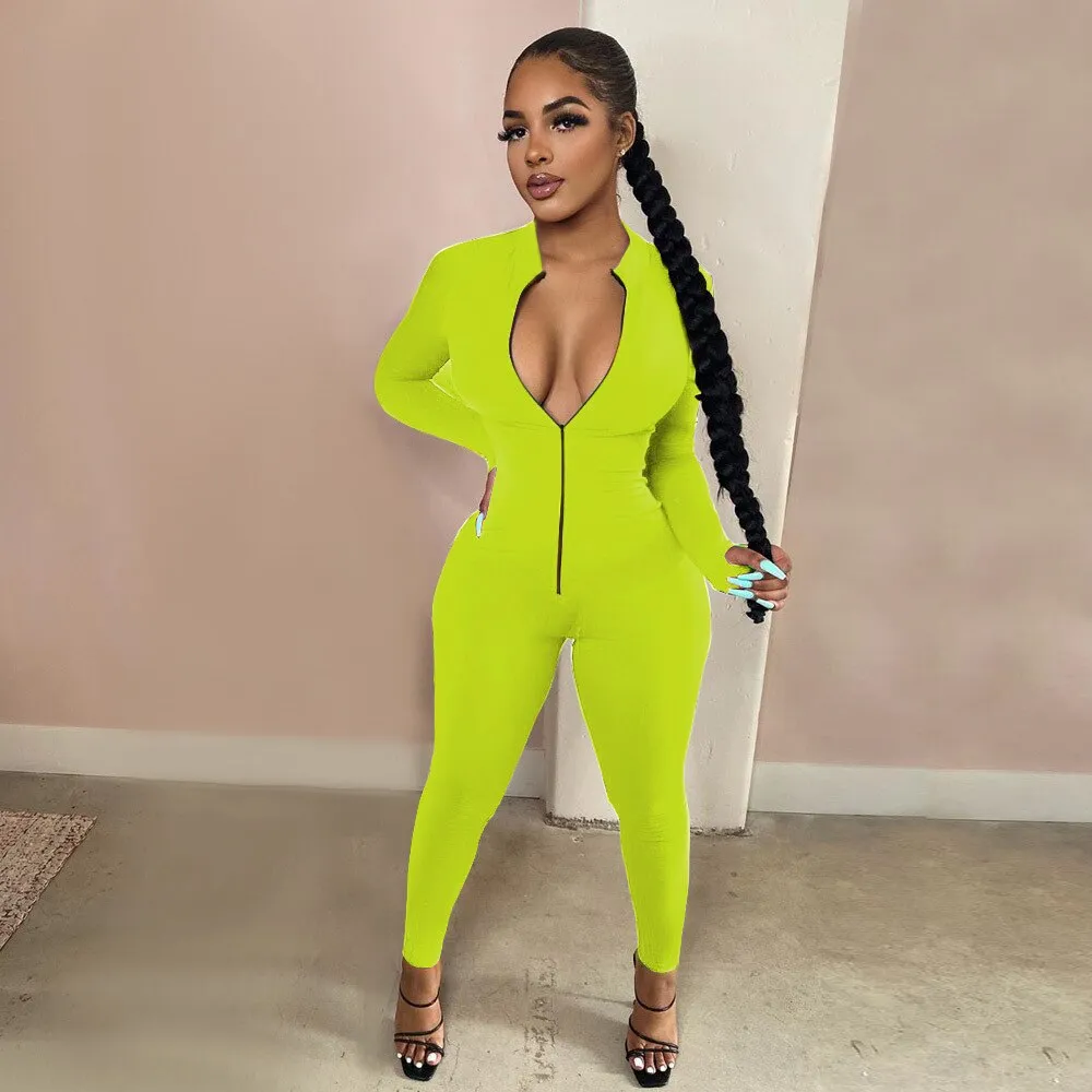 New Workout Active Wear Solid Color Rompers Womens Jumpsuit Sporty Long Sleeve Fitness Clubwear Zipper Party Jumpsuits Bodycon