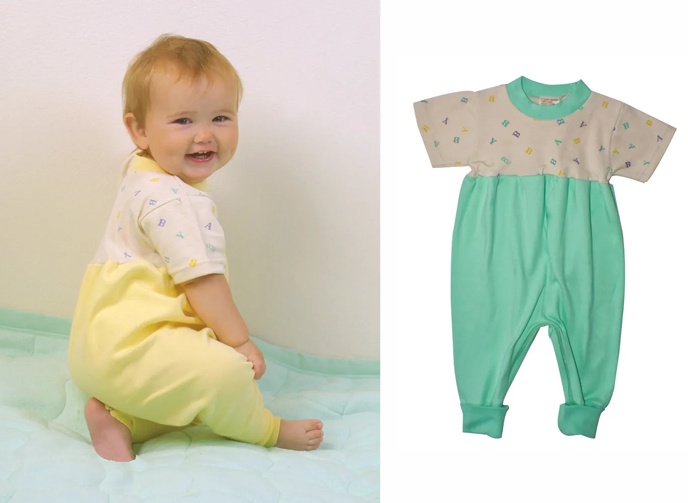 Organic Cotton Zip Crotch Jumpsuits Yellow and Mint 2 Pack and Free BodySuit