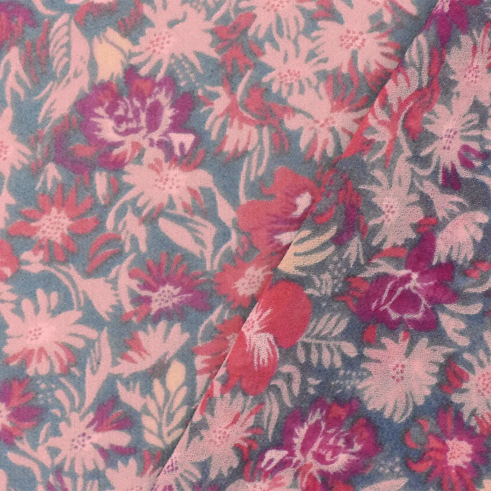 Pink-Gray-Multi Floral Printed Poly Chiffon Woven Fabric