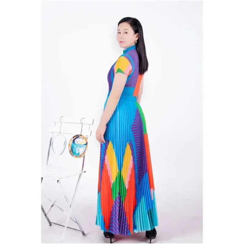 Pleated Geometric Print Corn Pleated Short Sleeve T-Shirt Fashion High Waist Pleated Dress Casual Party Set