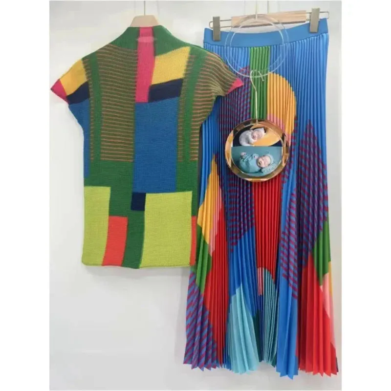 Pleated Geometric Print Corn Pleated Short Sleeve T-Shirt Fashion High Waist Pleated Dress Casual Party Set