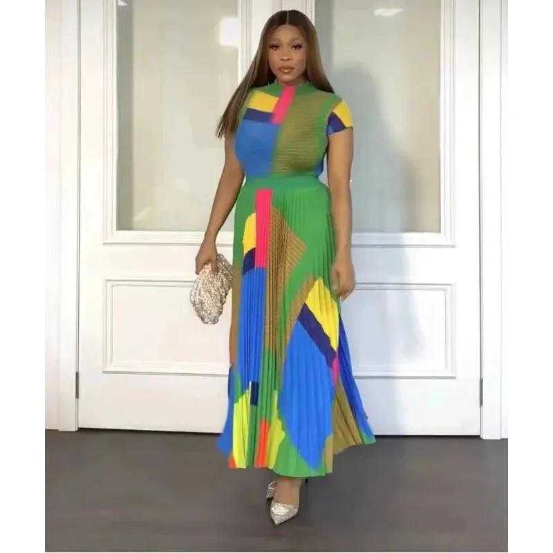 Pleated Geometric Print Corn Pleated Short Sleeve T-Shirt Fashion High Waist Pleated Dress Casual Party Set