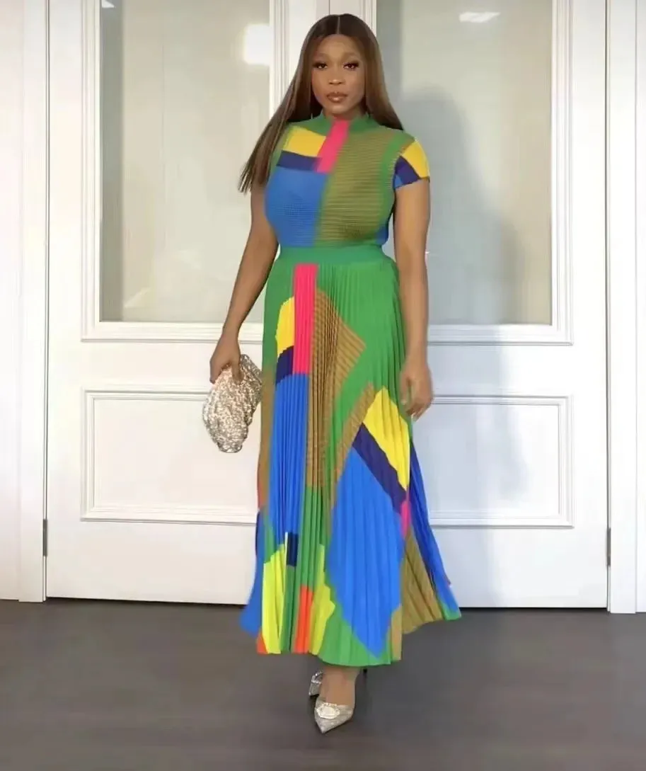 Pleated Geometric Print Corn Pleated Short Sleeve T-Shirt Fashion High Waist Pleated Dress Casual Party Set