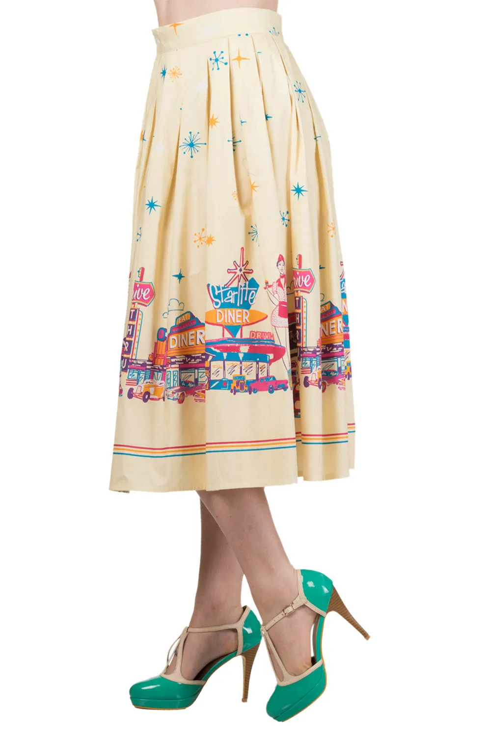 Retro inspired Star City Vintage Cinema Art Yellow Pleated midi skirt