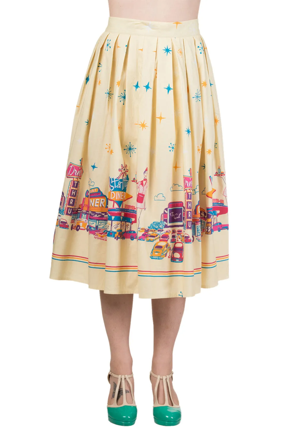 Retro inspired Star City Vintage Cinema Art Yellow Pleated midi skirt
