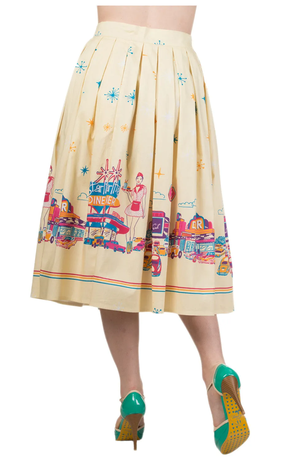 Retro inspired Star City Vintage Cinema Art Yellow Pleated midi skirt