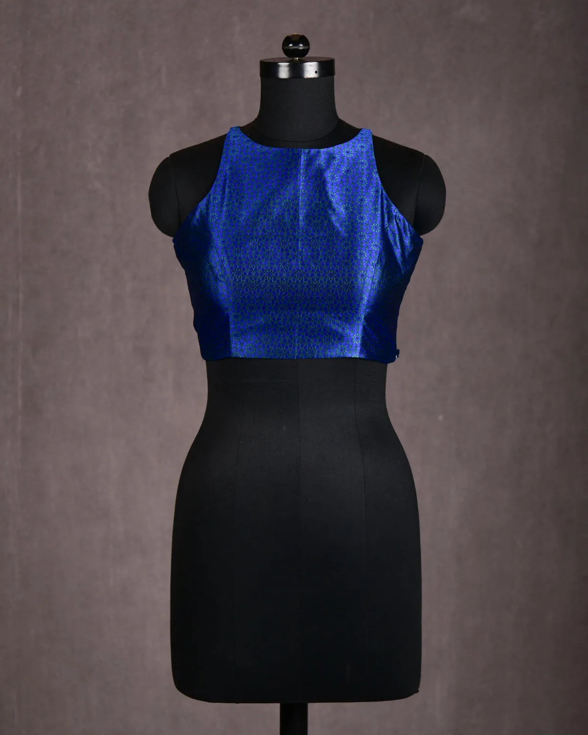 Royal Blue Mosaic Sleeveless Princess-Cut Boat-Neck Silk Jamawar Sleeveless Blouse