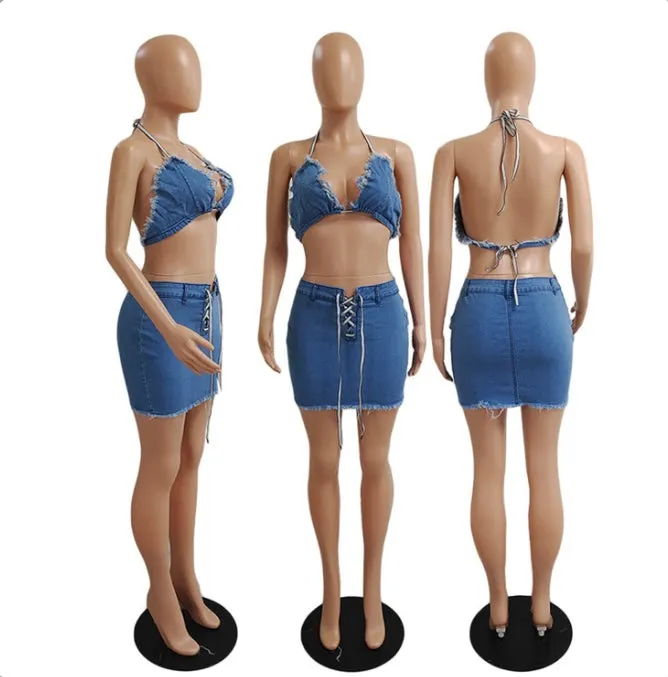 Sexy Denim Halter Top And Mini Skirts Two Piece Sets
