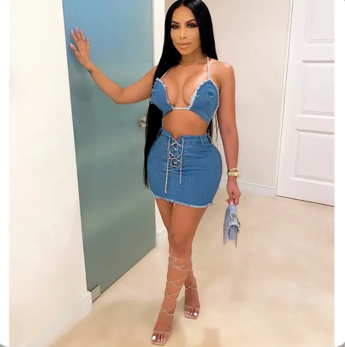 Sexy Denim Halter Top And Mini Skirts Two Piece Sets