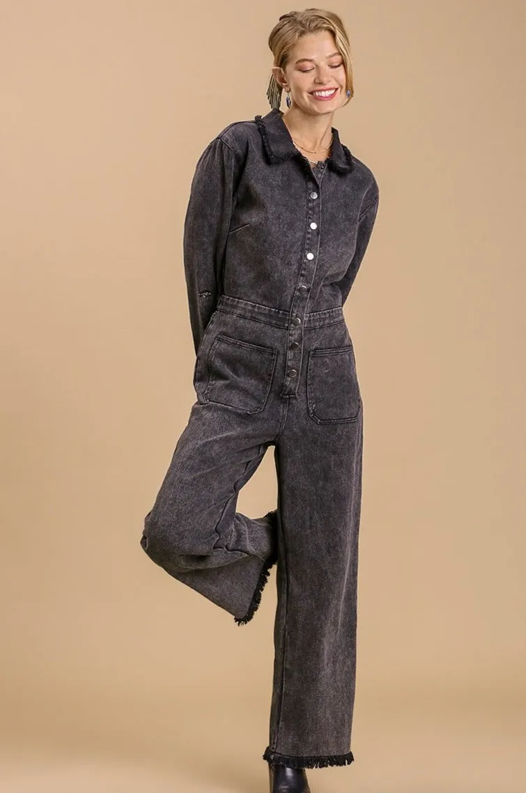Stonewash Button-Down Wide Leg Distressed Jumpsuit