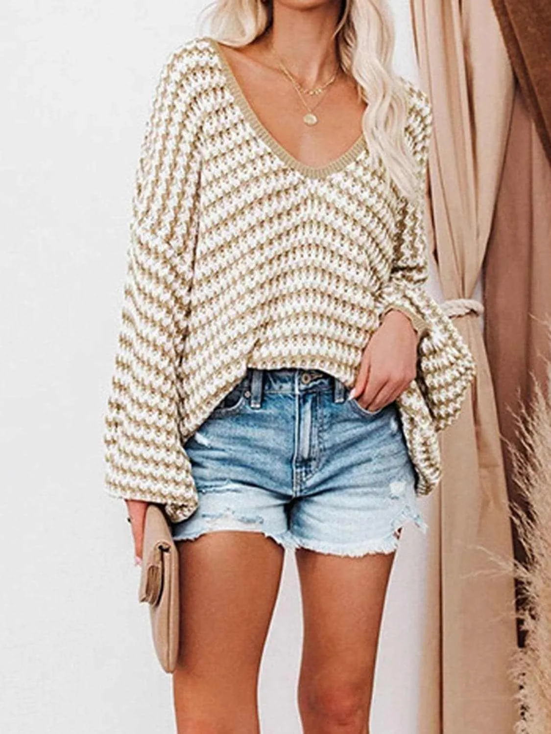 Striped V-Neck Drop Shoulder Sweater