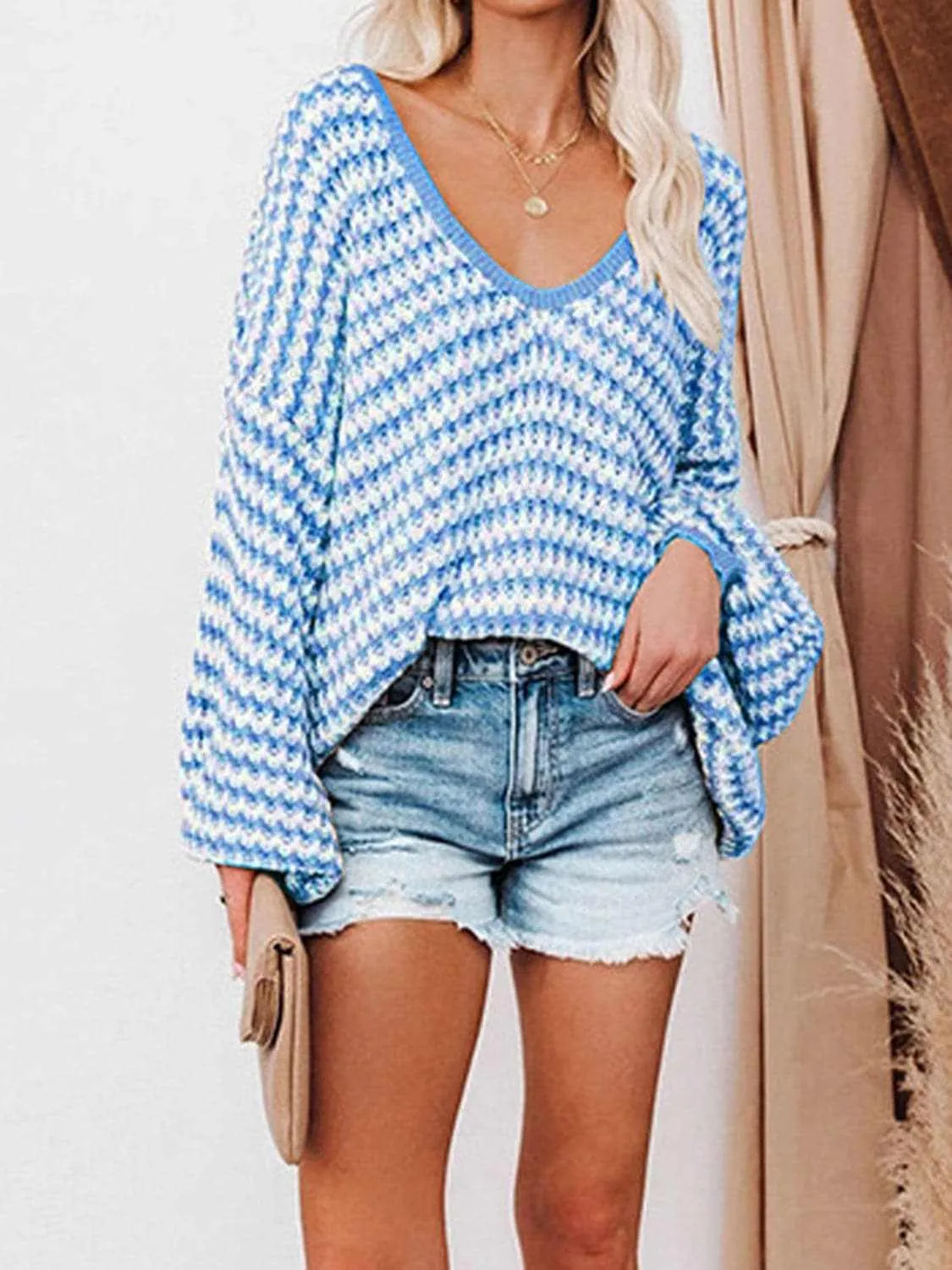 Striped V-Neck Drop Shoulder Sweater