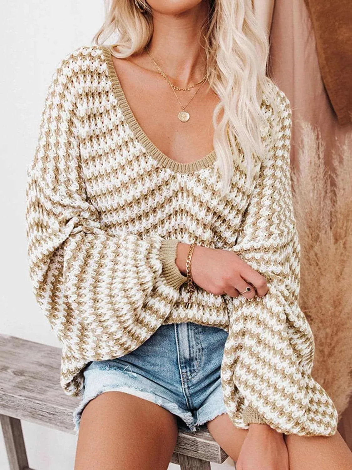 Striped V-Neck Drop Shoulder Sweater